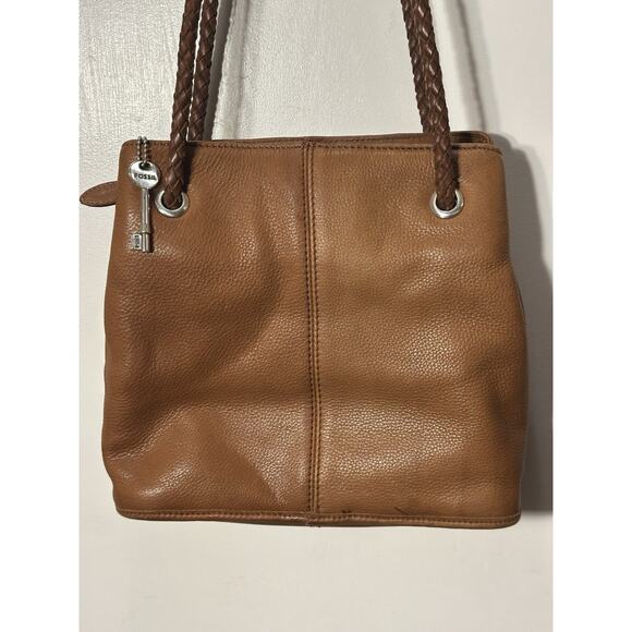 Fossil Vintage Brown Pebbled Leather Shoulder Bag Purse Braided Straps Key - Picture 1 of 13